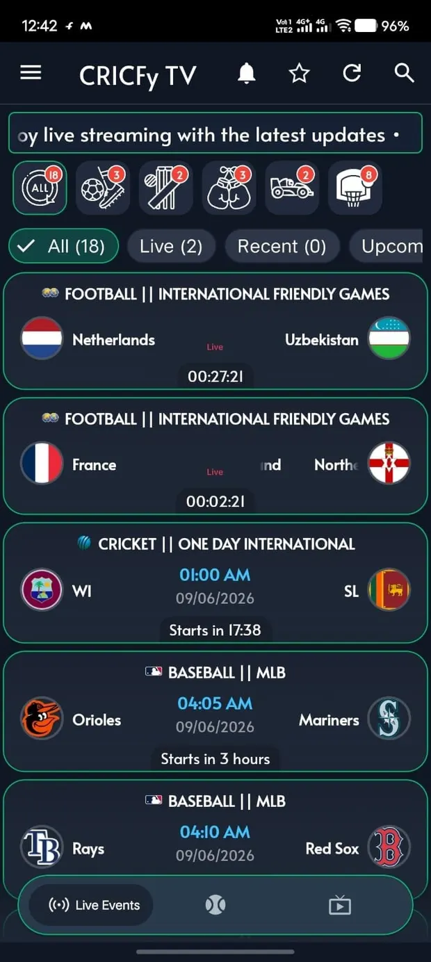 Cricfy TV live events home screen