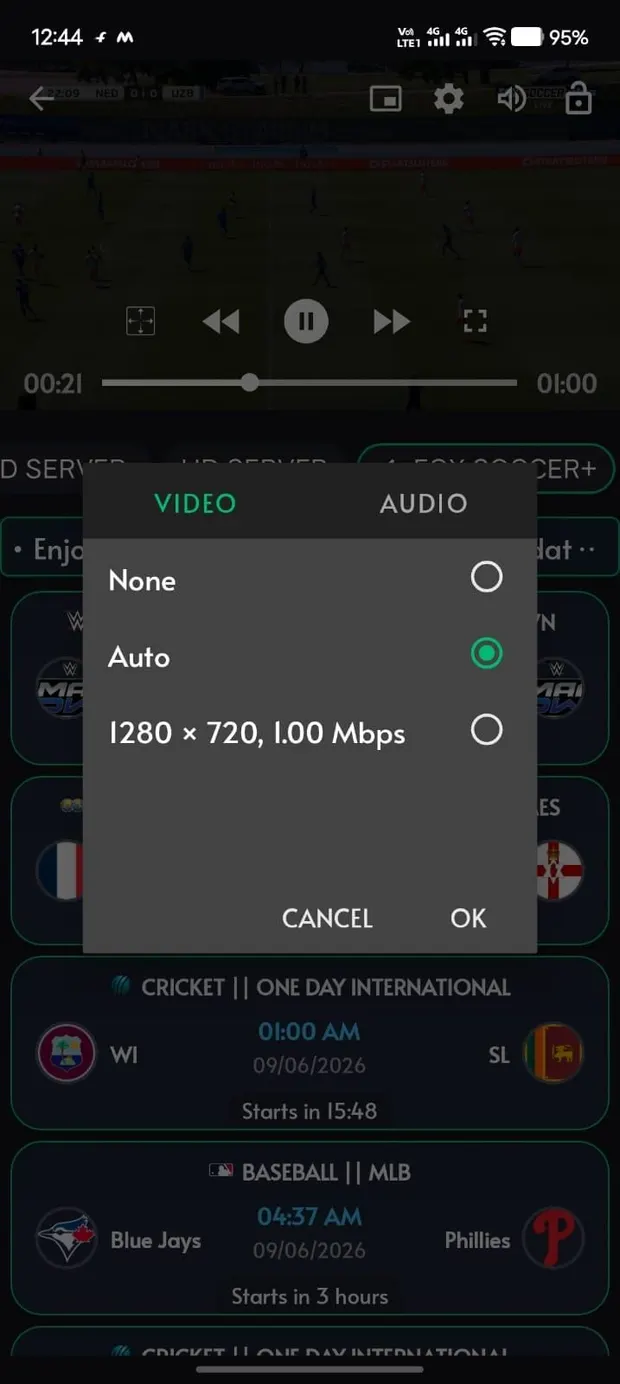 Cricfy TV — Choose your video quality